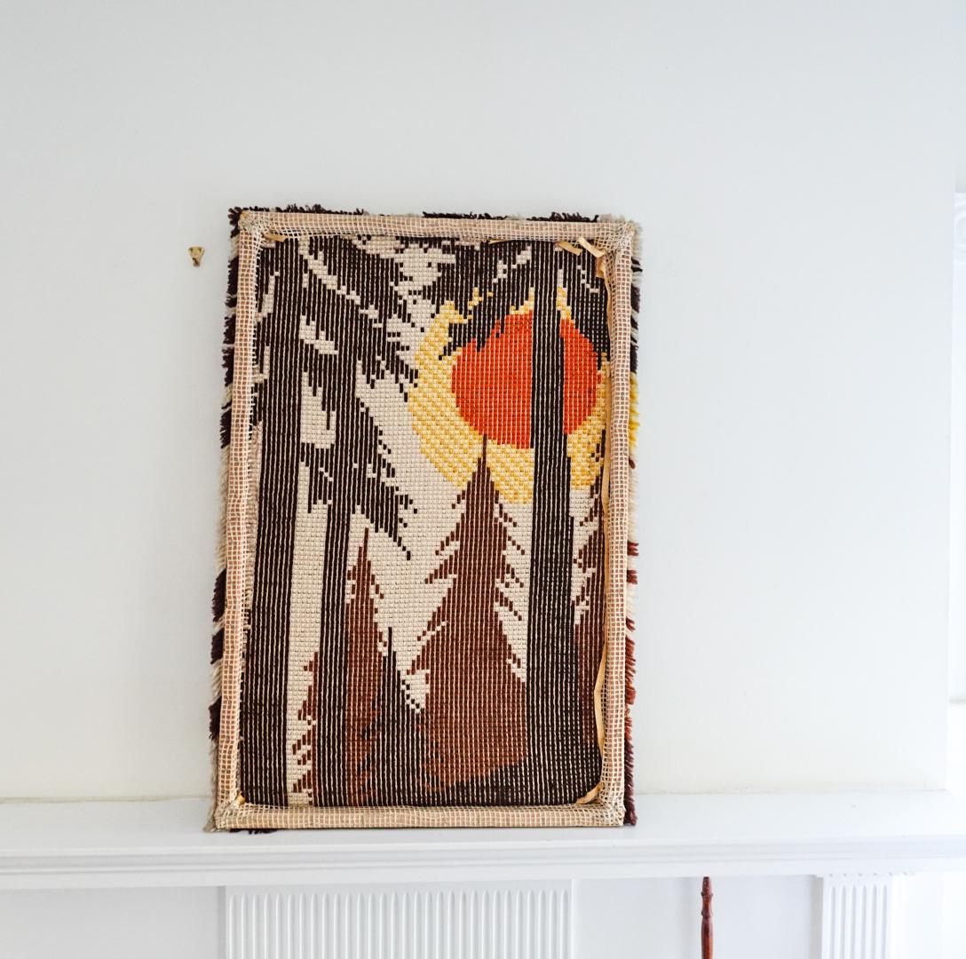 1970s Latch Hook Sunset Forest Tapestry: Mid-Century Modern Wool Wall Hanging