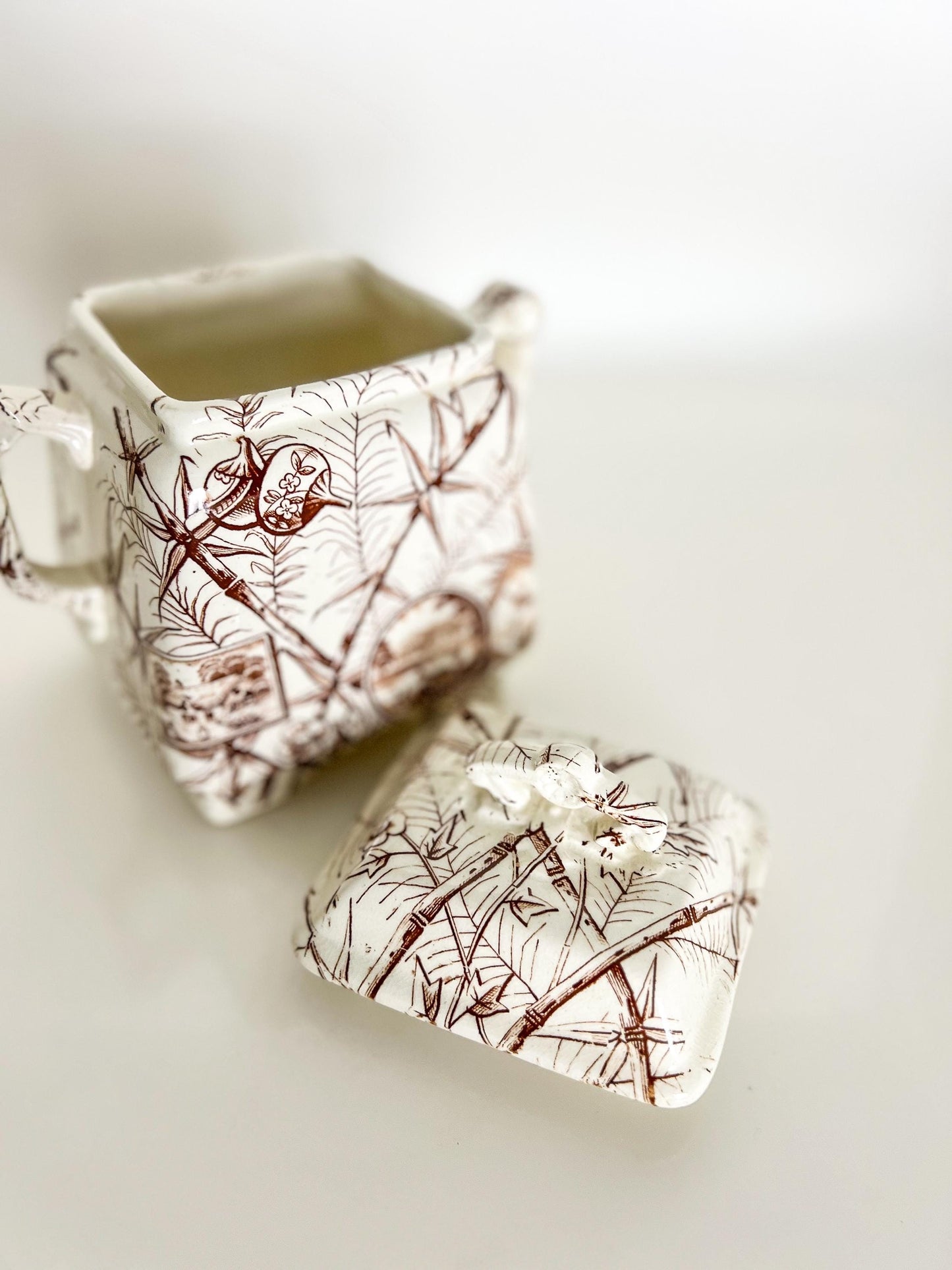 Antique Aesthetic Transferware Sugar with Lid– Brown Bamboo Motif, Victorian Staffordshire