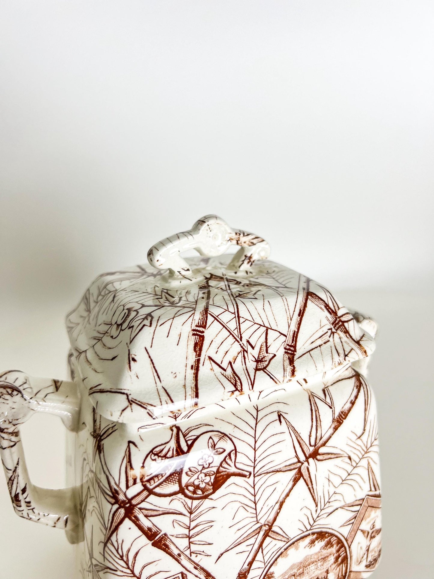 Antique Aesthetic Transferware Sugar with Lid– Brown Bamboo Motif, Victorian Staffordshire