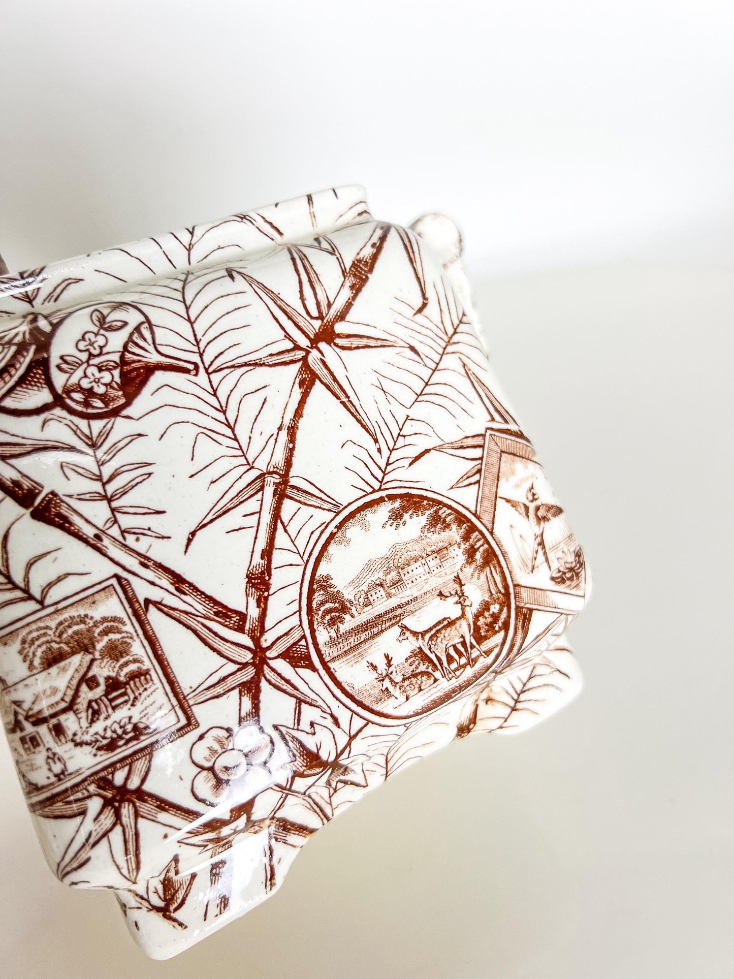 Antique Aesthetic Transferware Sugar with Lid– Brown Bamboo Motif, Victorian Staffordshire