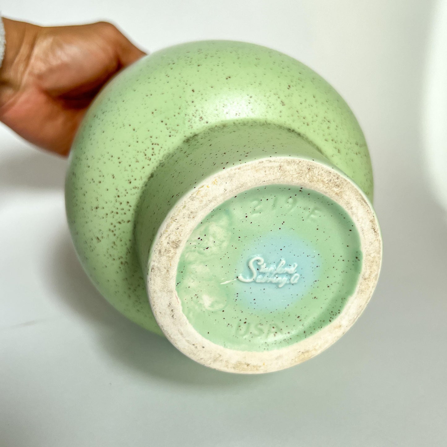 Vintage Mid Century Stanford Sebring Pottery Green Speckle Vase | Plant Pot | Planter 219-E