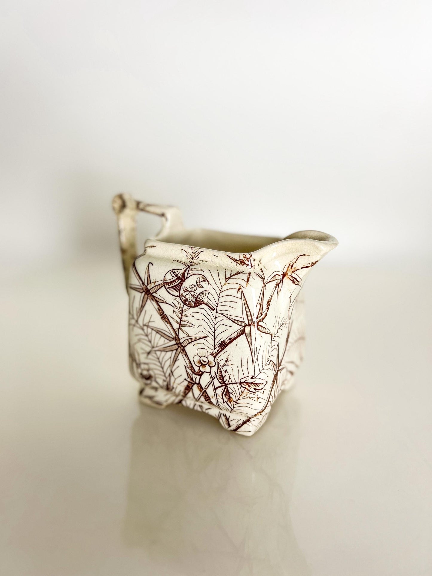 Antique Transferware Creamer: Brown Bamboo Motif, Victorian Staffordshire