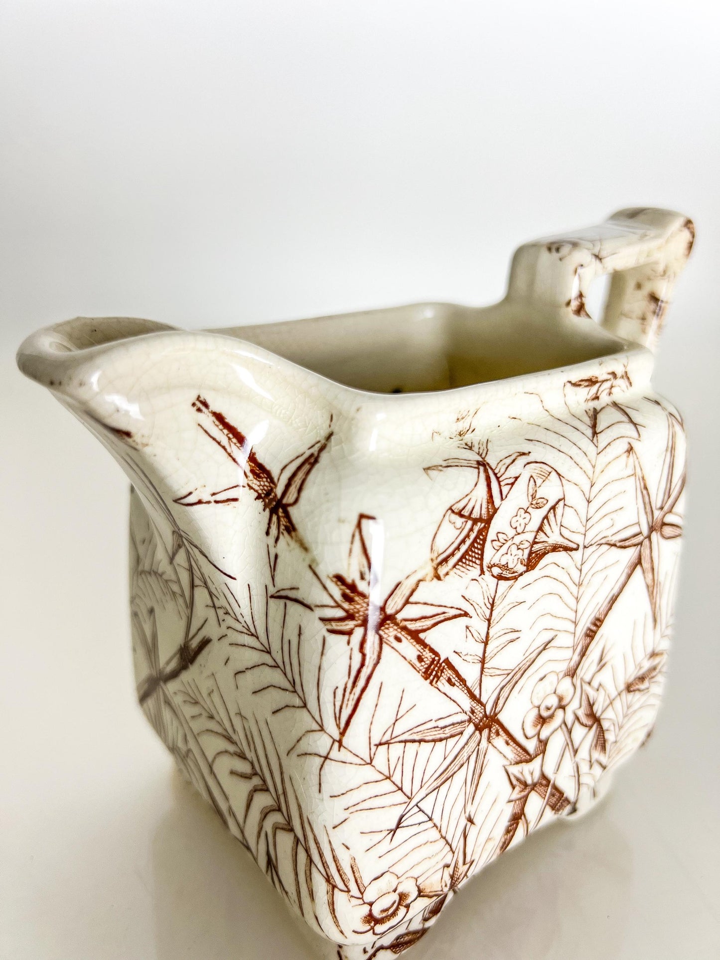 Antique Transferware Creamer: Brown Bamboo Motif, Victorian Staffordshire