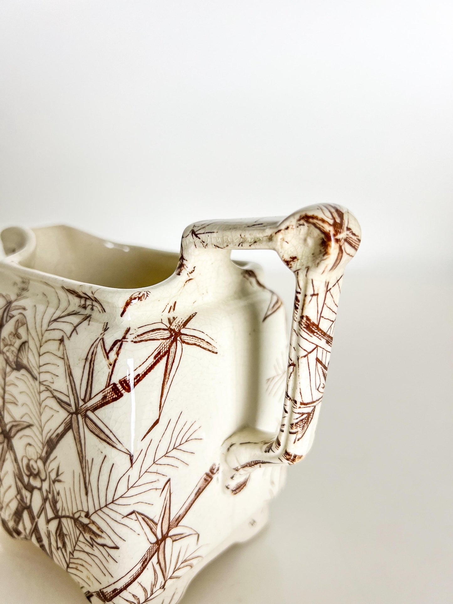 Antique Transferware Creamer: Brown Bamboo Motif, Victorian Staffordshire