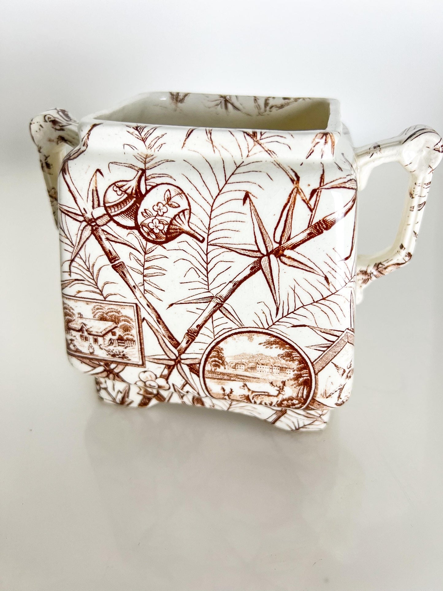 Antique Aesthetic Transferware Sugar with Lid– Brown Bamboo Motif, Victorian Staffordshire