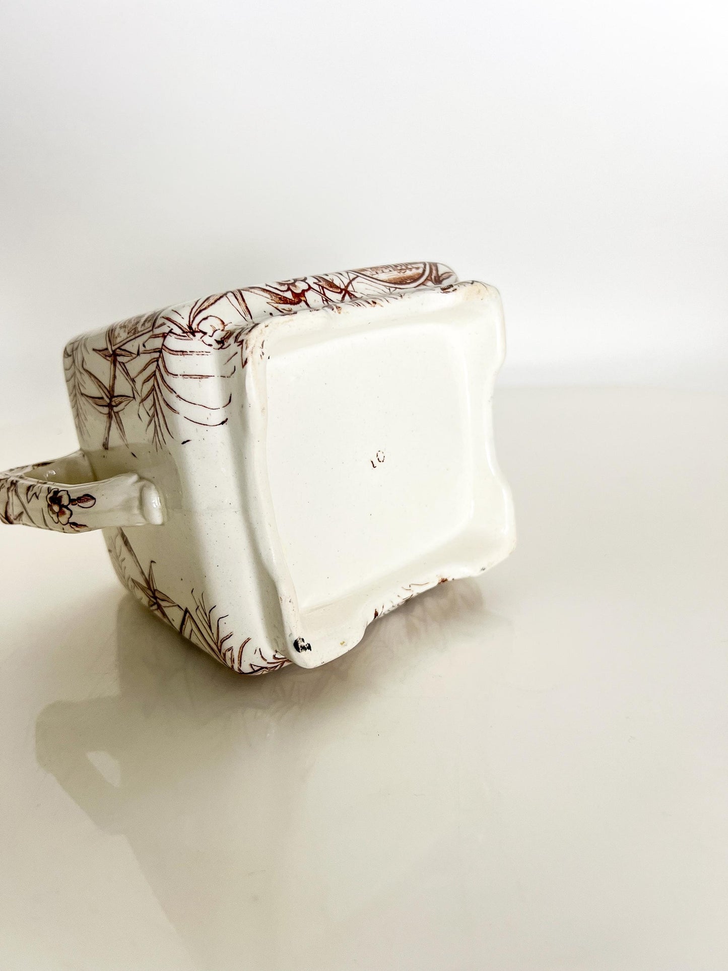 Antique Aesthetic Transferware Sugar with Lid– Brown Bamboo Motif, Victorian Staffordshire