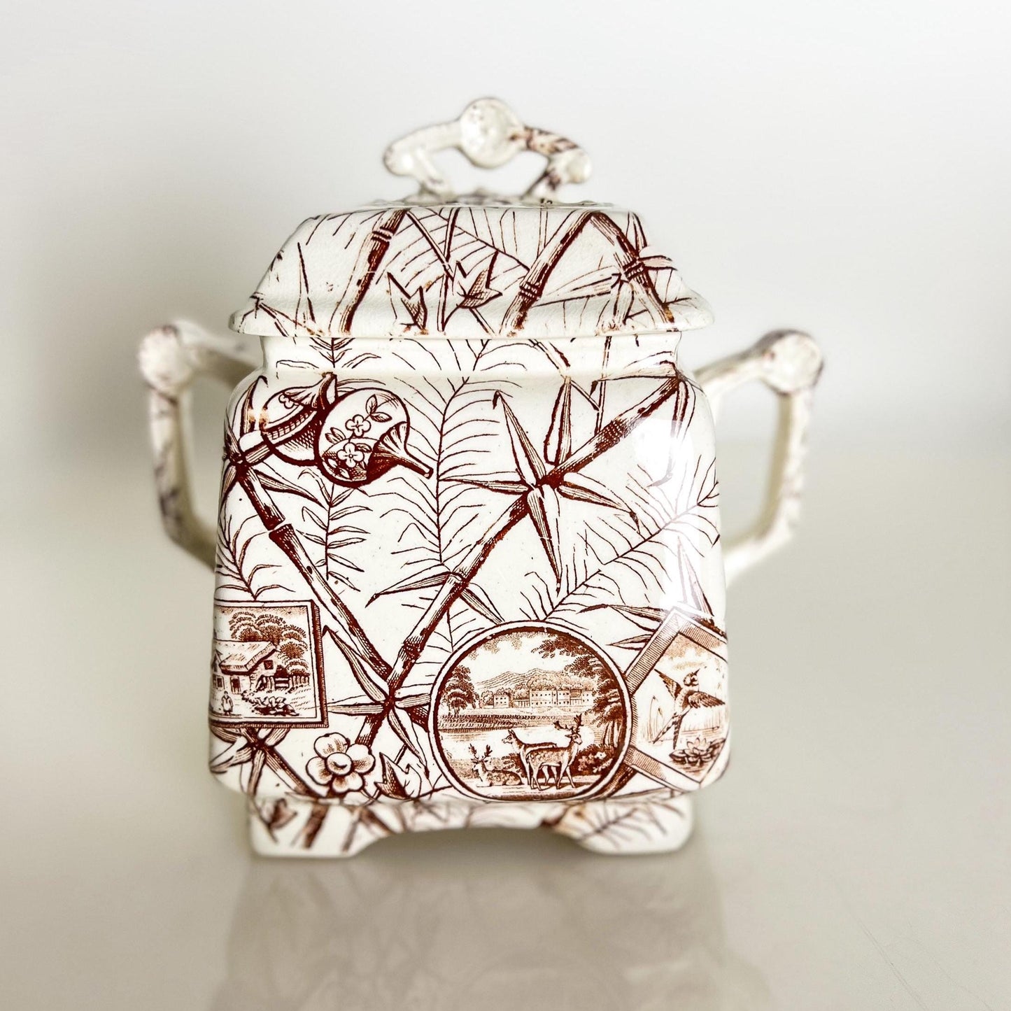 Antique Aesthetic Transferware Sugar with Lid– Brown Bamboo Motif, Victorian Staffordshire
