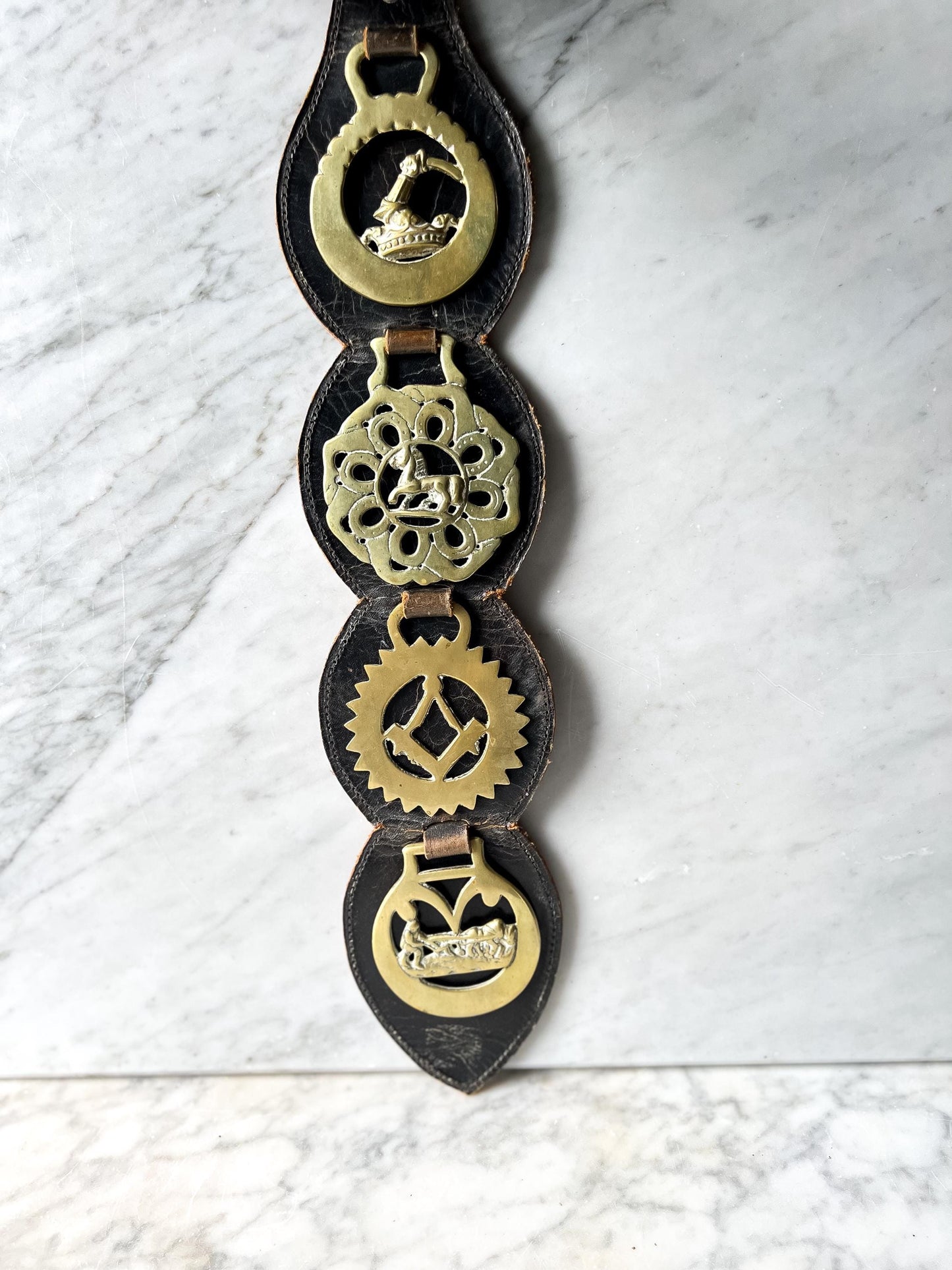 Vintage Brass Horse Brasses Mounted on Leather Strap : Equestrian Decor