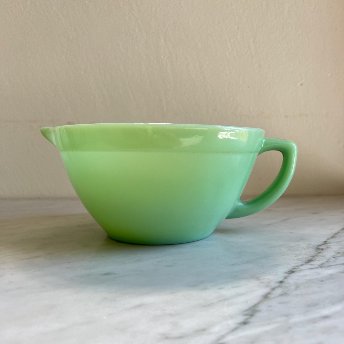 Vintage Jadeite Batter Bowl with Pour Spout & Handle — Fire-King / Anchor Hocking Green Milk Glass