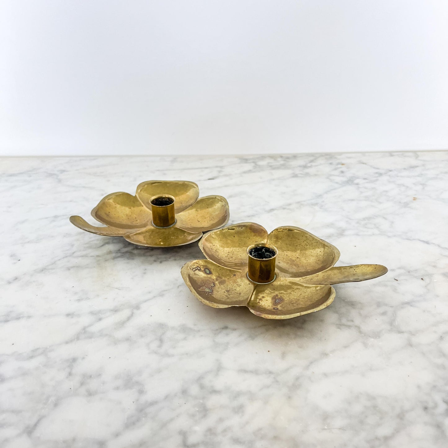 Vintage Swedish Brass Candleholders – Flower Petal Chamber Stick Pair