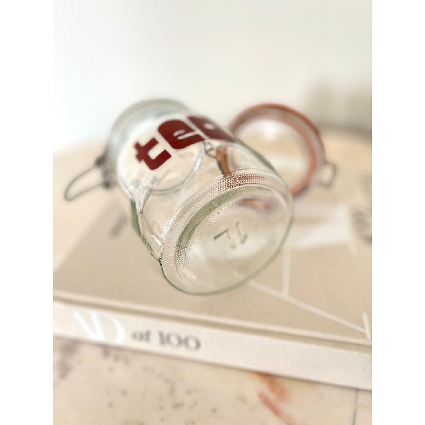 Triomphe Glass 1-Liter Tea Canister with Red / Brown Lettering 80s