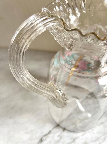 Victorian Lemonade Pitcher, Handpainted Glass Juice Pitcher,EAPG HandBlown Glass Jug, Collectible American Glass, Floral Pattern Crimped Rim