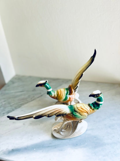 Pair of Mid-Century Modern Ceramic Pheasants | MCM Mantel Figurines