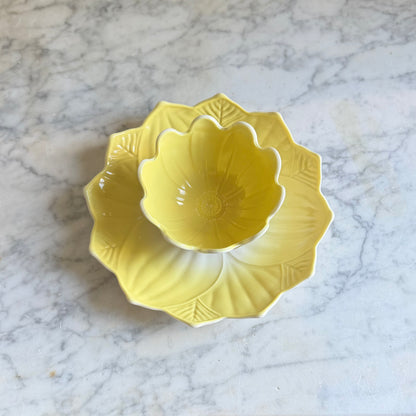 Vintage Fire-King Yellow Lotus Blossom Leaf Bowl & Plate Set