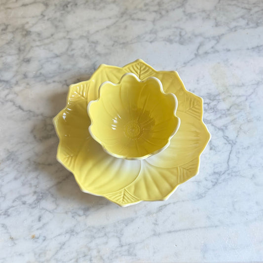 Vintage Fire-King Yellow Lotus Blossom Leaf Bowl & Plate Set