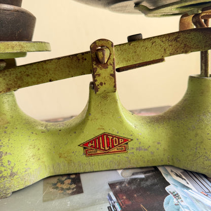 Vintage Hilltop Kitchen Scale with Brass Weights | British Green Balance Scale | Made in England