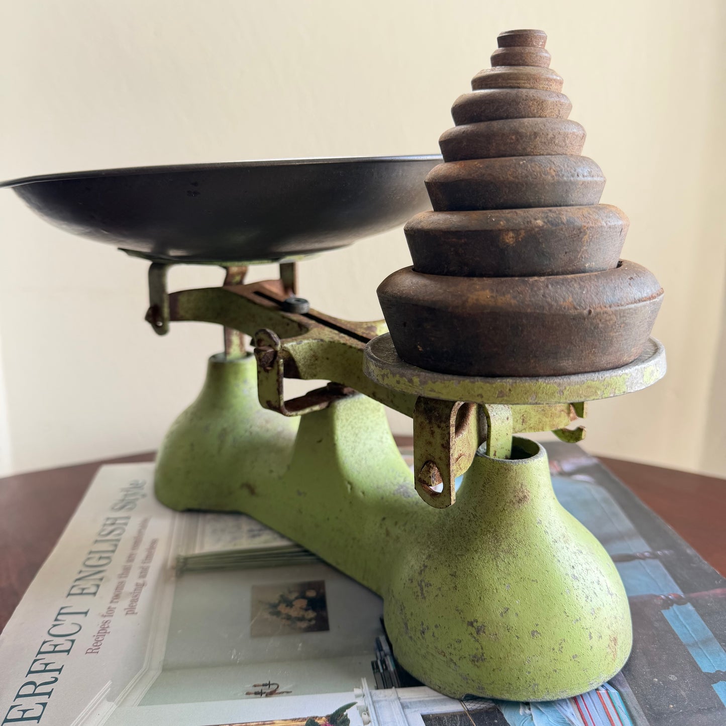 Vintage Hilltop Kitchen Scale with Brass Weights | British Green Balance Scale | Made in England