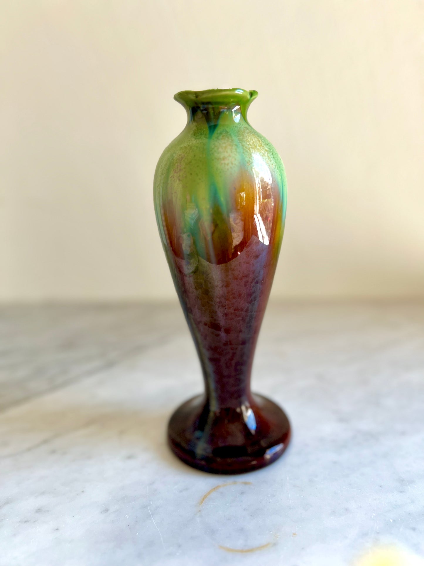 Green & Brown Art Deco Drip Glaze Faience Vase By "Faiencerie De Thulin", Belgium - 1920S