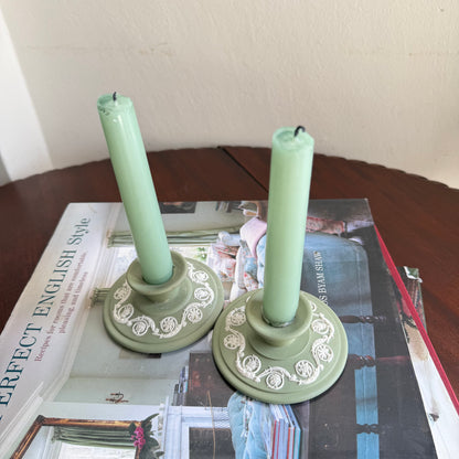 Wedgwood Jasperware Sage Green Short Candleholders
