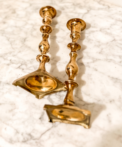 Pair of Vintage Brass Candlestick Holders – Square Base Mid-Century Decor