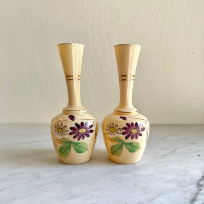 Pair of Victorian “Clambroth” Bristol Glass Bud Vases Handpainted