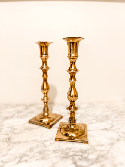 Pair of Vintage Brass Candlestick Holders – Square Base Mid-Century Decor