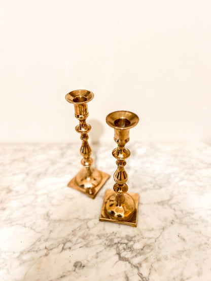 Pair of Vintage Brass Candlestick Holders – Square Base Mid-Century Decor