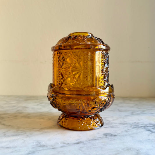 Vintage Indiana Glass Amber Fairy Lamp | Stars & Bars Pattern