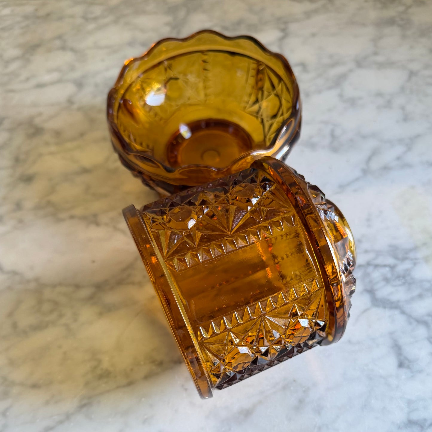 Vintage Indiana Glass Amber Fairy Lamp | Stars & Bars Pattern