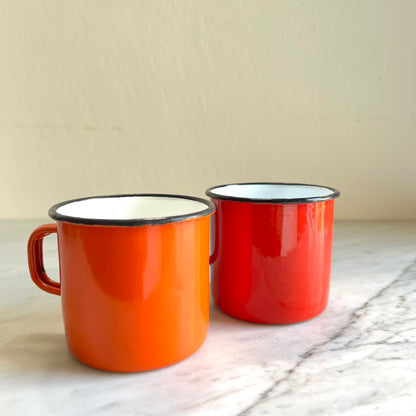 Pair of Red & Orange Enamel Coffee Mugs