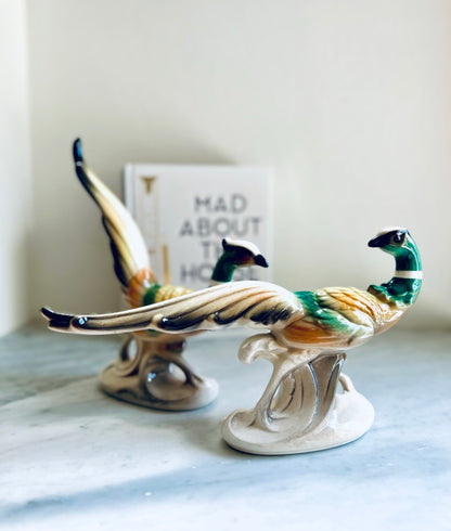 Pair of Mid-Century Modern Ceramic Pheasants | MCM Mantel Figurines