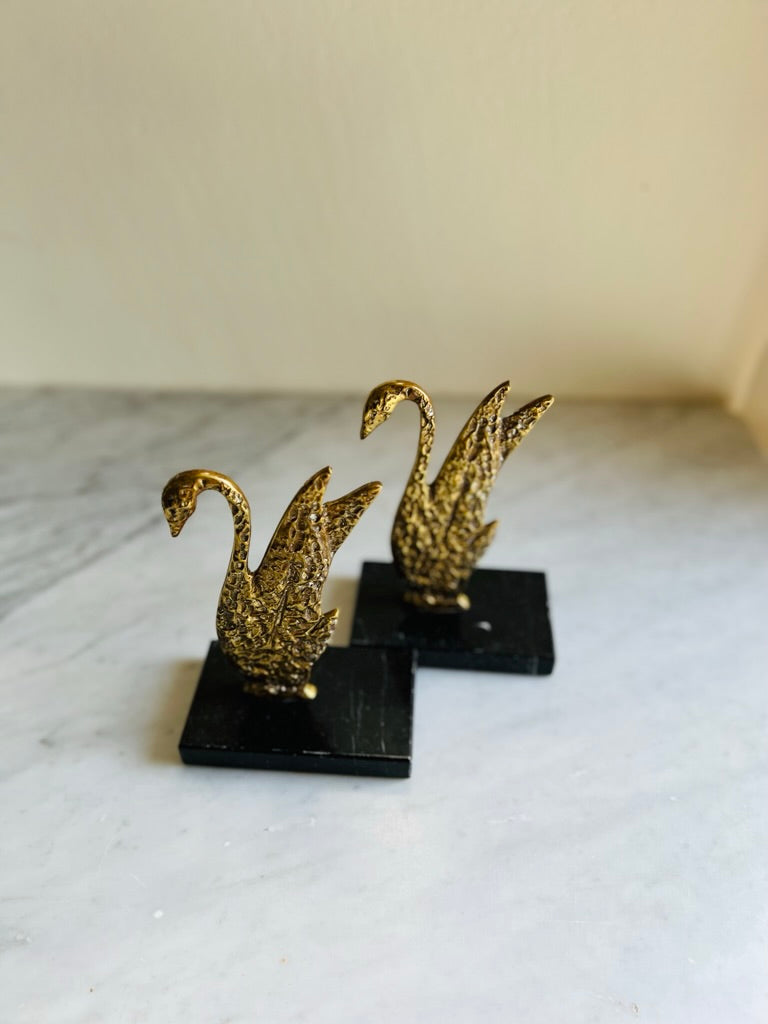 Pair of vintage gilt bronze & marble swan bookends, French 1950s