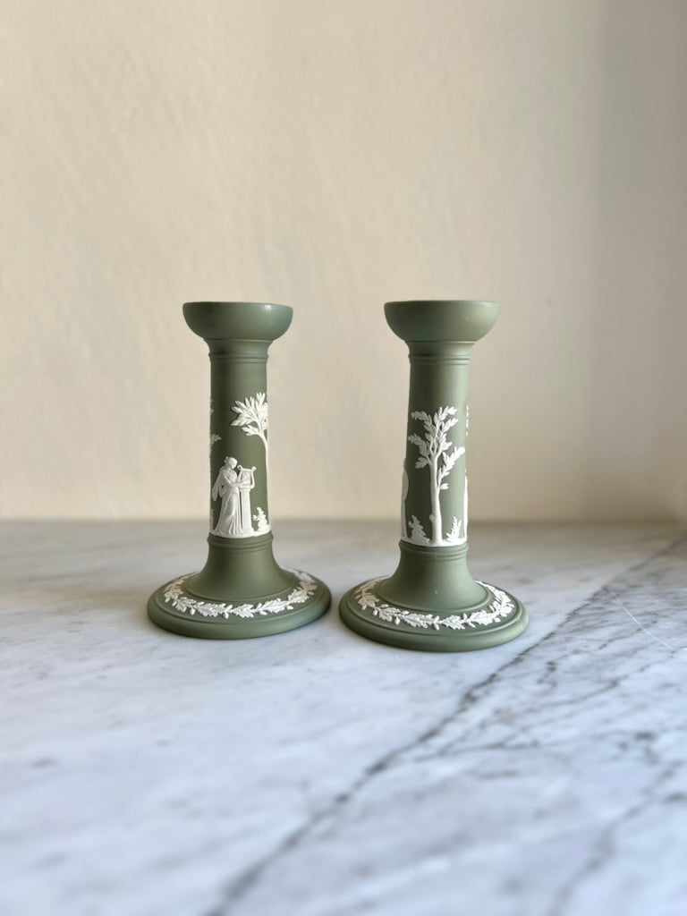 Green Jasperware candle holders by Wedgwood