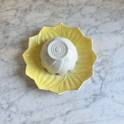 Vintage Fire-King Yellow Lotus Blossom Leaf Bowl & Plate Set