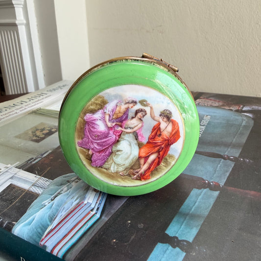 Vintage Green Trinket Box with Classical Scene | Vanity Box