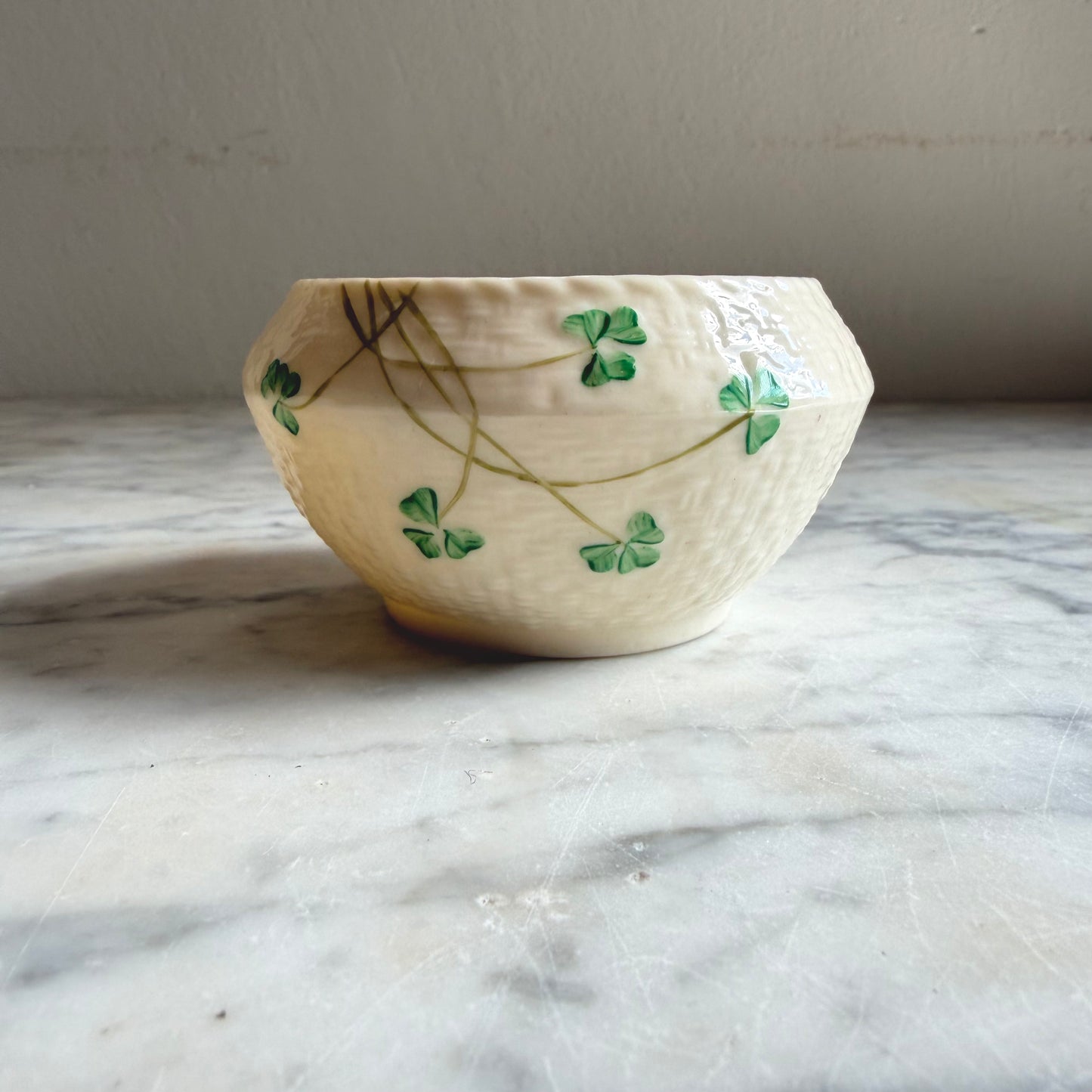 Vintage Belleek Shamrock Basketweave Sugar Bowl