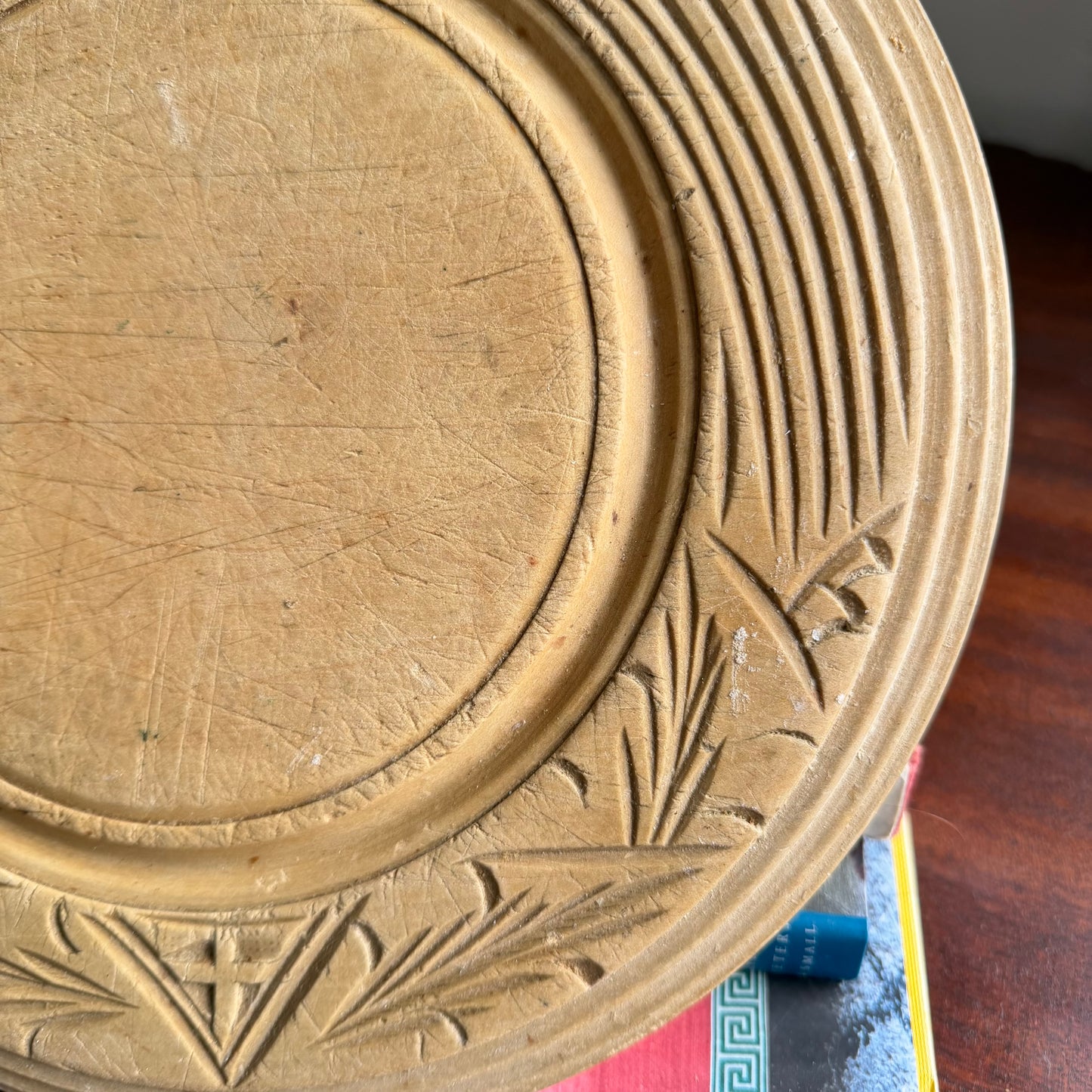 Vintage English Bread Board with Wheat Carving | Wooden Kitchen Bread Board