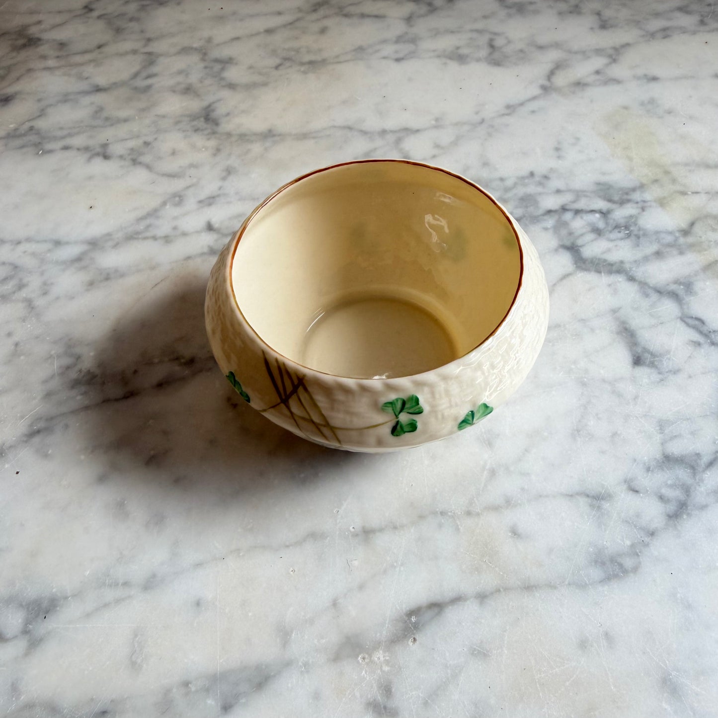 Vintage Belleek Shamrock Basketweave Sugar Bowl