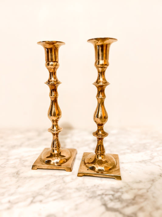 Pair of Vintage Brass Candlestick Holders – Square Base Mid-Century Decor