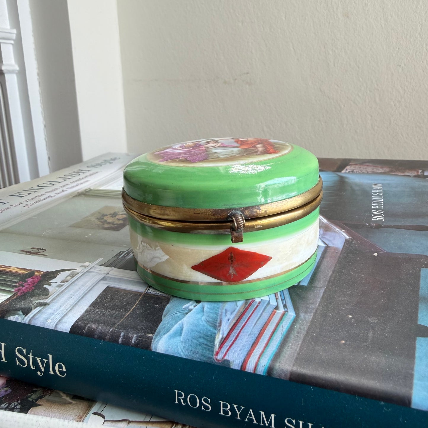 Vintage Green Trinket Box with Classical Scene | Vanity Box
