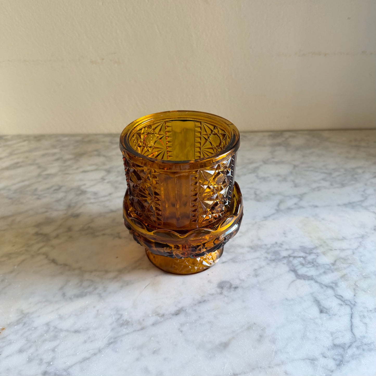 Vintage Indiana Glass Amber Fairy Lamp | Stars & Bars Pattern