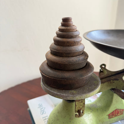 Vintage Hilltop Kitchen Scale with Brass Weights | British Green Balance Scale | Made in England