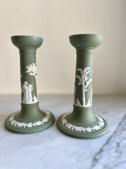 Green Jasperware candle holders by Wedgwood