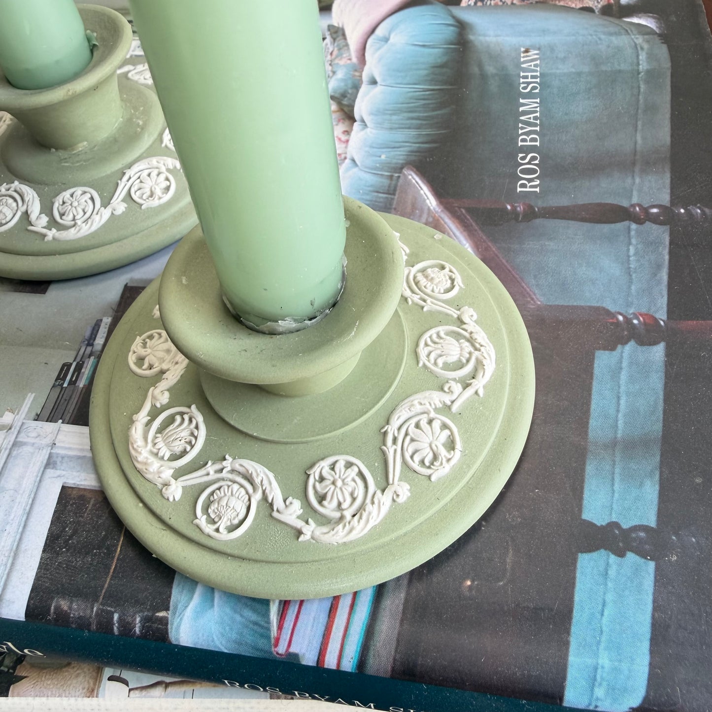 Wedgwood Jasperware Sage Green Short Candleholders