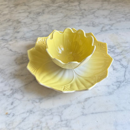 Vintage Fire-King Yellow Lotus Blossom Leaf Bowl & Plate Set