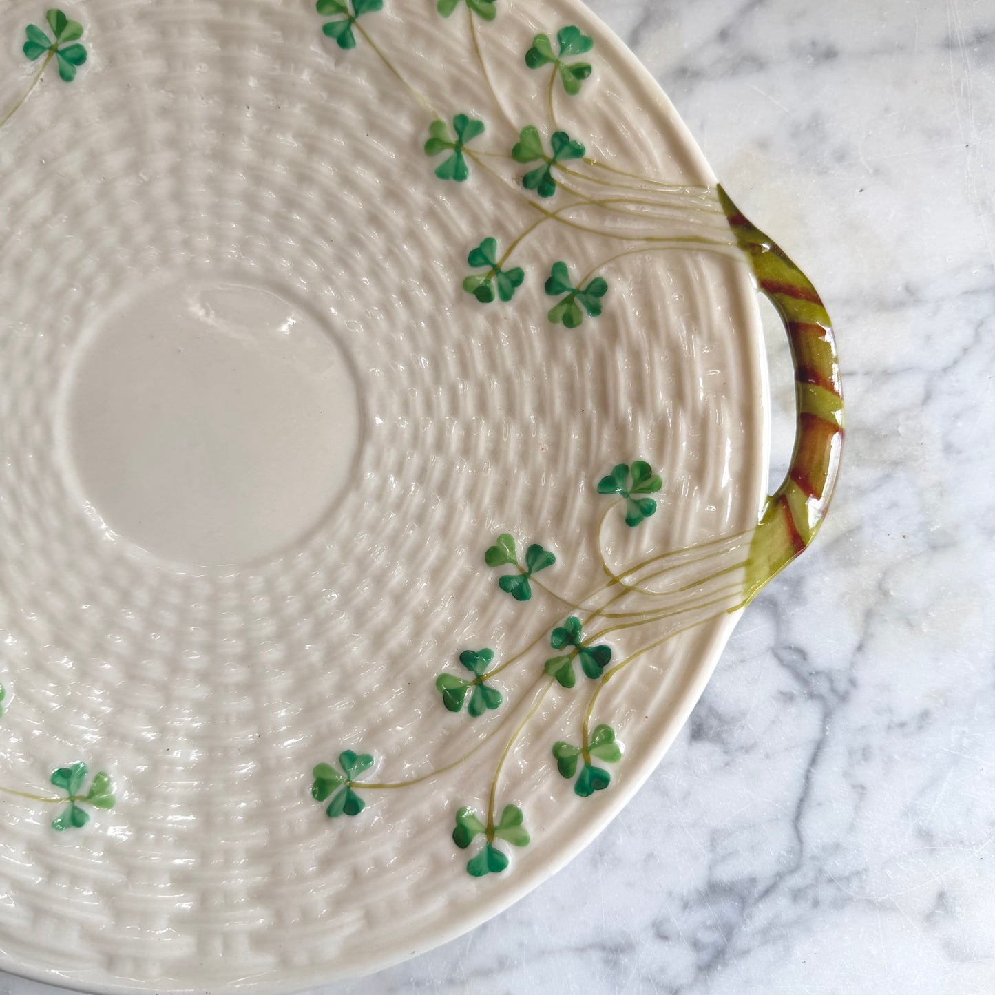 Vintage Belleek Shamrock Basketweave Bread Tray
