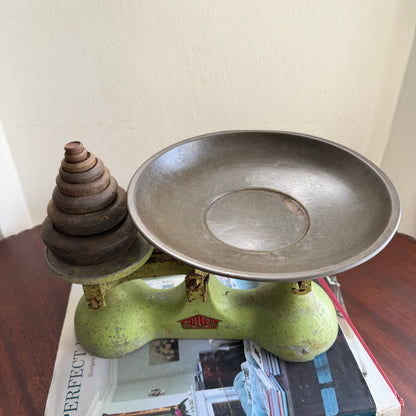 Vintage Hilltop Kitchen Scale with Brass Weights | British Green Balance Scale | Made in England