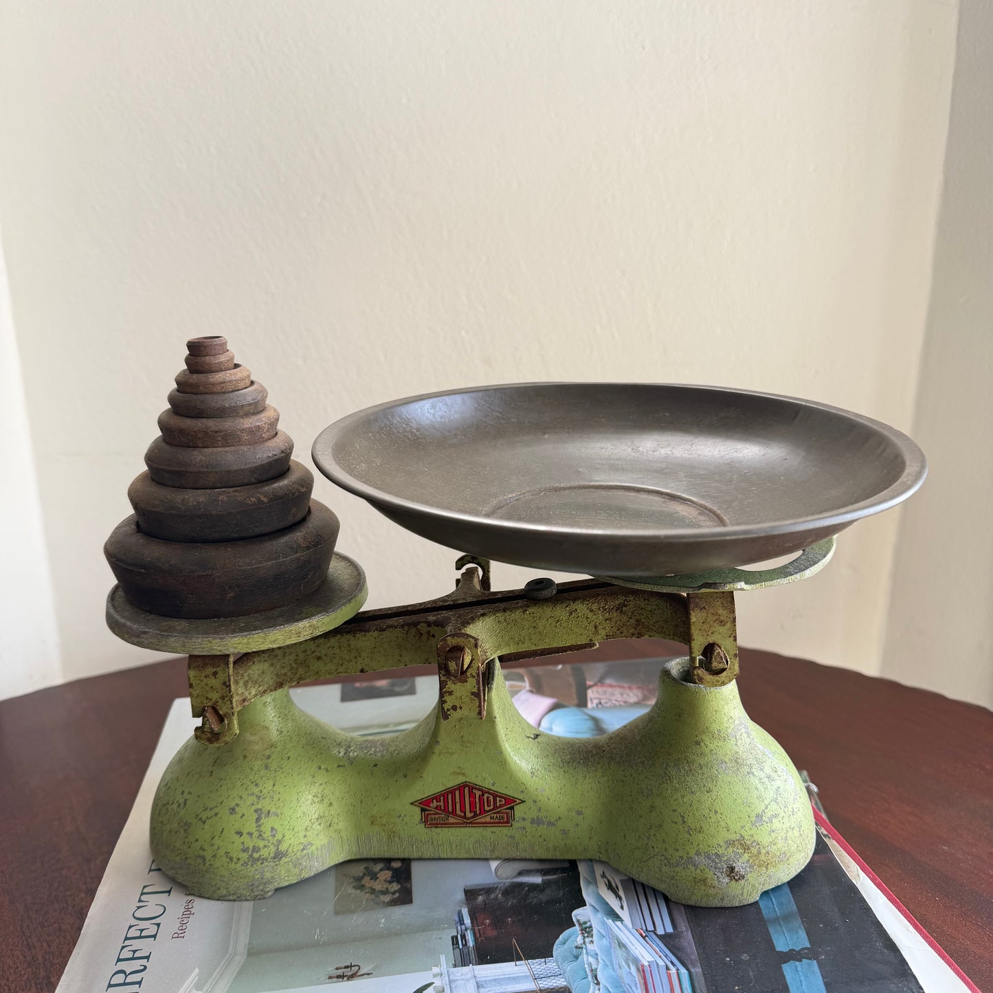 Vintage Hilltop Kitchen Scale with Brass Weights | British Green Balance Scale | Made in England