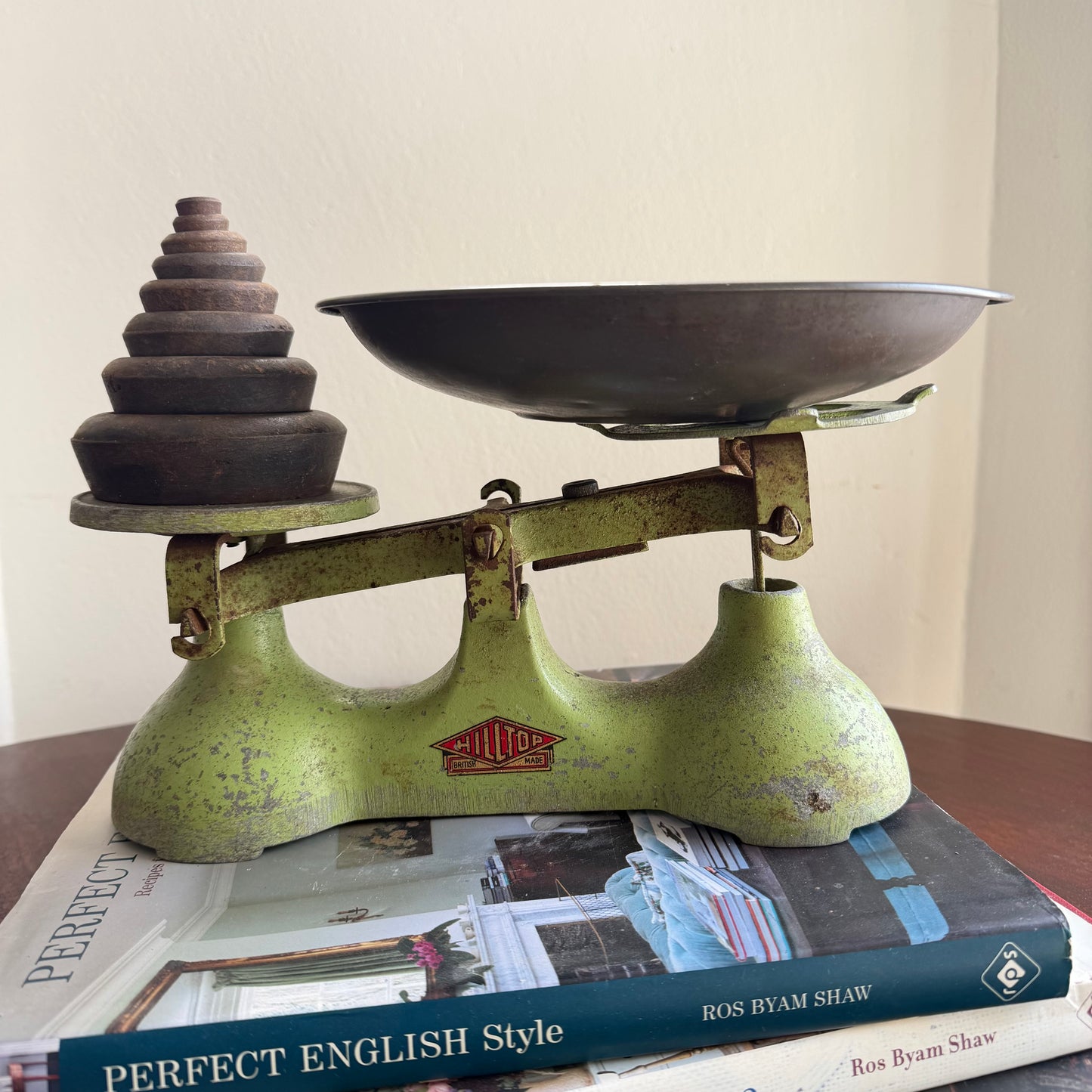 Vintage Hilltop Kitchen Scale with Brass Weights | British Green Balance Scale | Made in England
