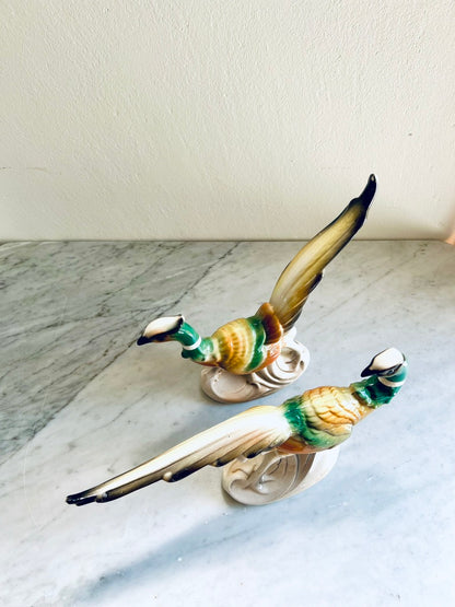 Pair of Mid-Century Modern Ceramic Pheasants | MCM Mantel Figurines